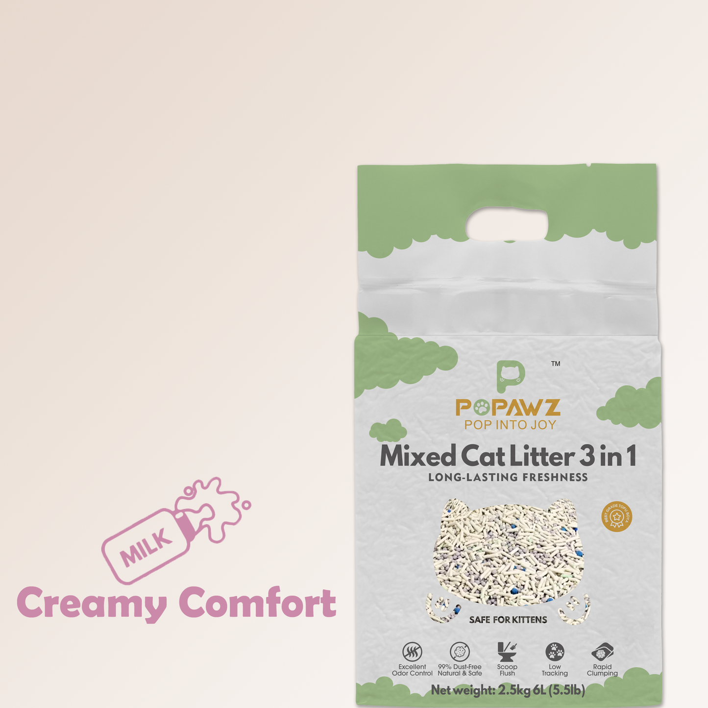 Popawz Cat Litter  Mixed 3 in 1 - Creamy Comfort